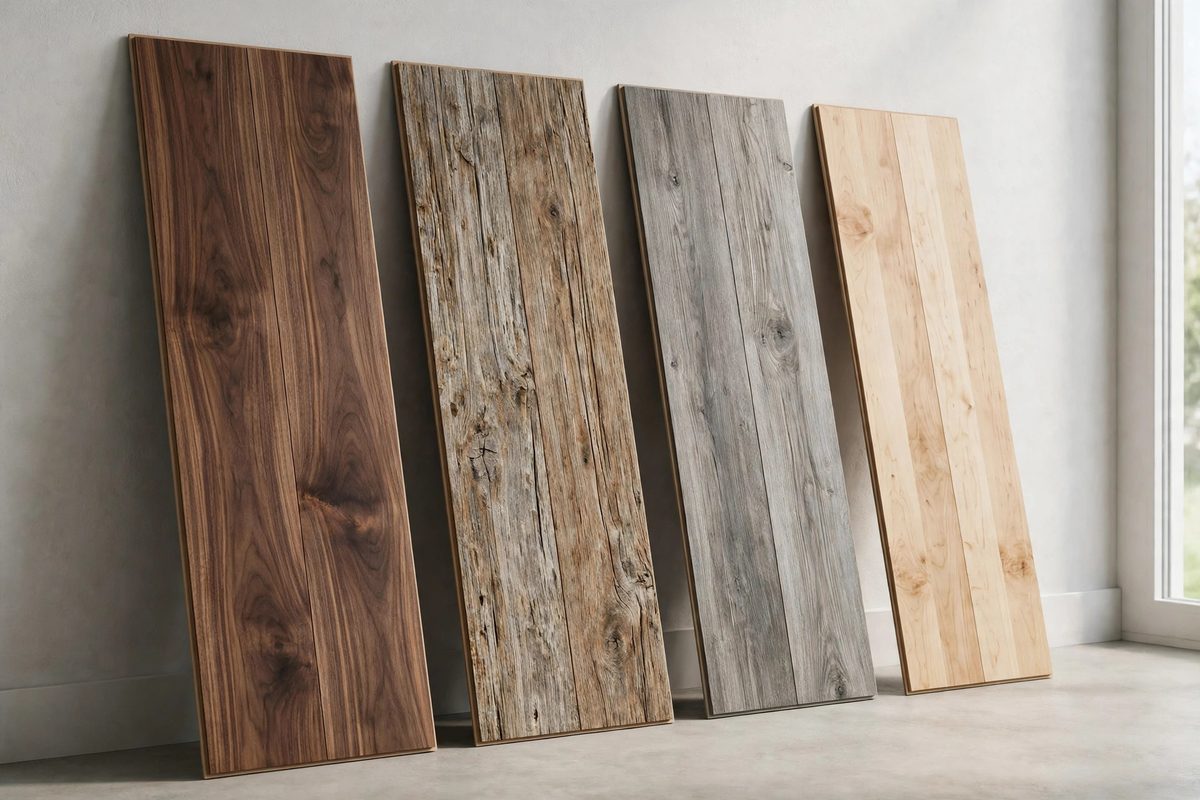 Sample boards of walnut, weathered oak, grey and maple flooring leaning against a wall